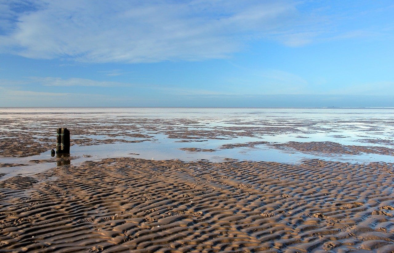 Wattfläche an der Nordsee bei Niedrigwasser mit Rippelmarken im Sand, flachen Wasserlachen und einem alten Holzpfahl